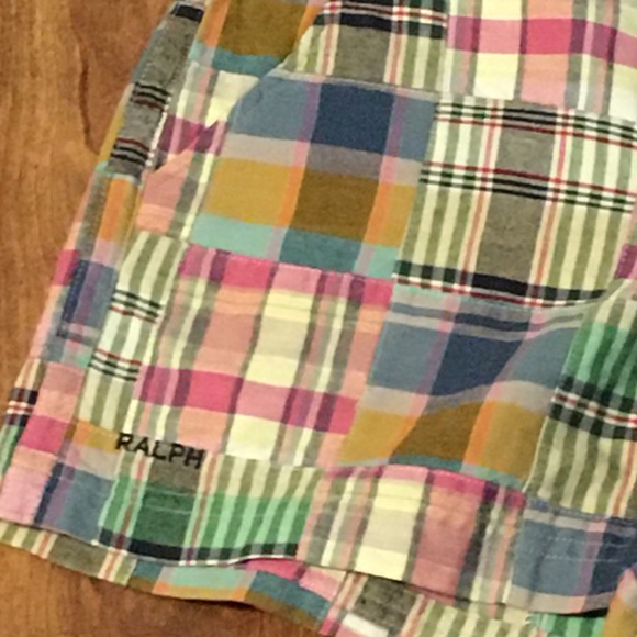 Vintage Lauren Ralph Lauren Madras Plaid Patch Shorts 0 - Picture 3 of 7